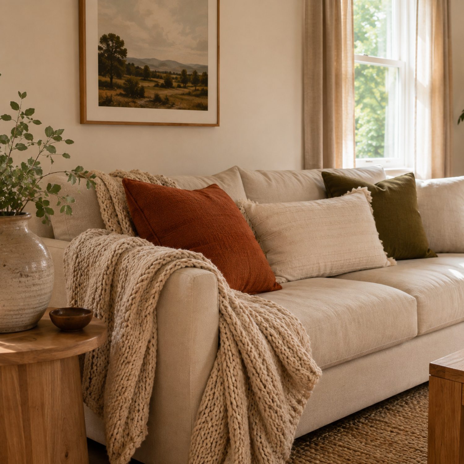 Airbnb living room with a soft throw and warm textured cushions for fall
