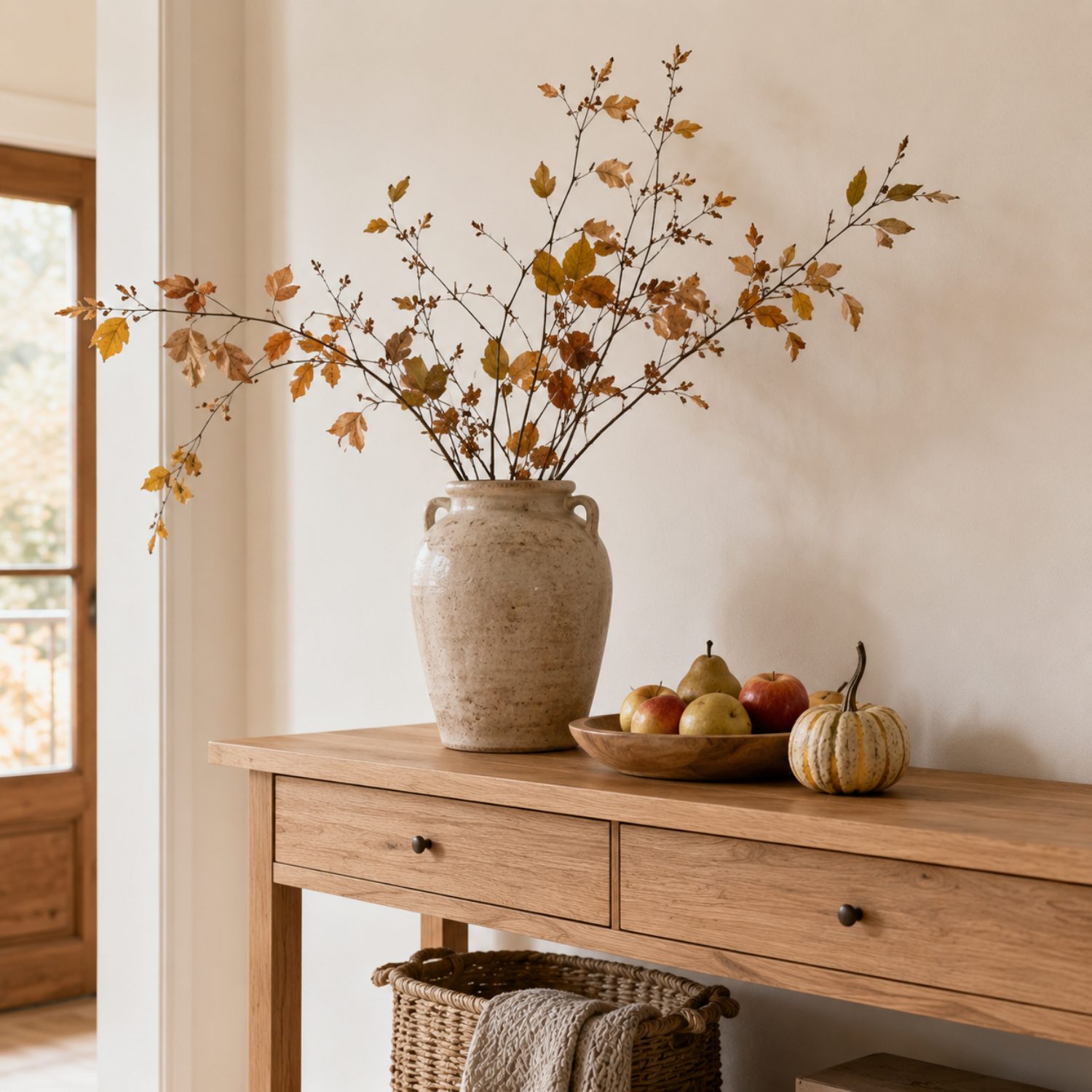 Simple Airbnb fall decor with autumn branches, seasonal fruit and natural details
