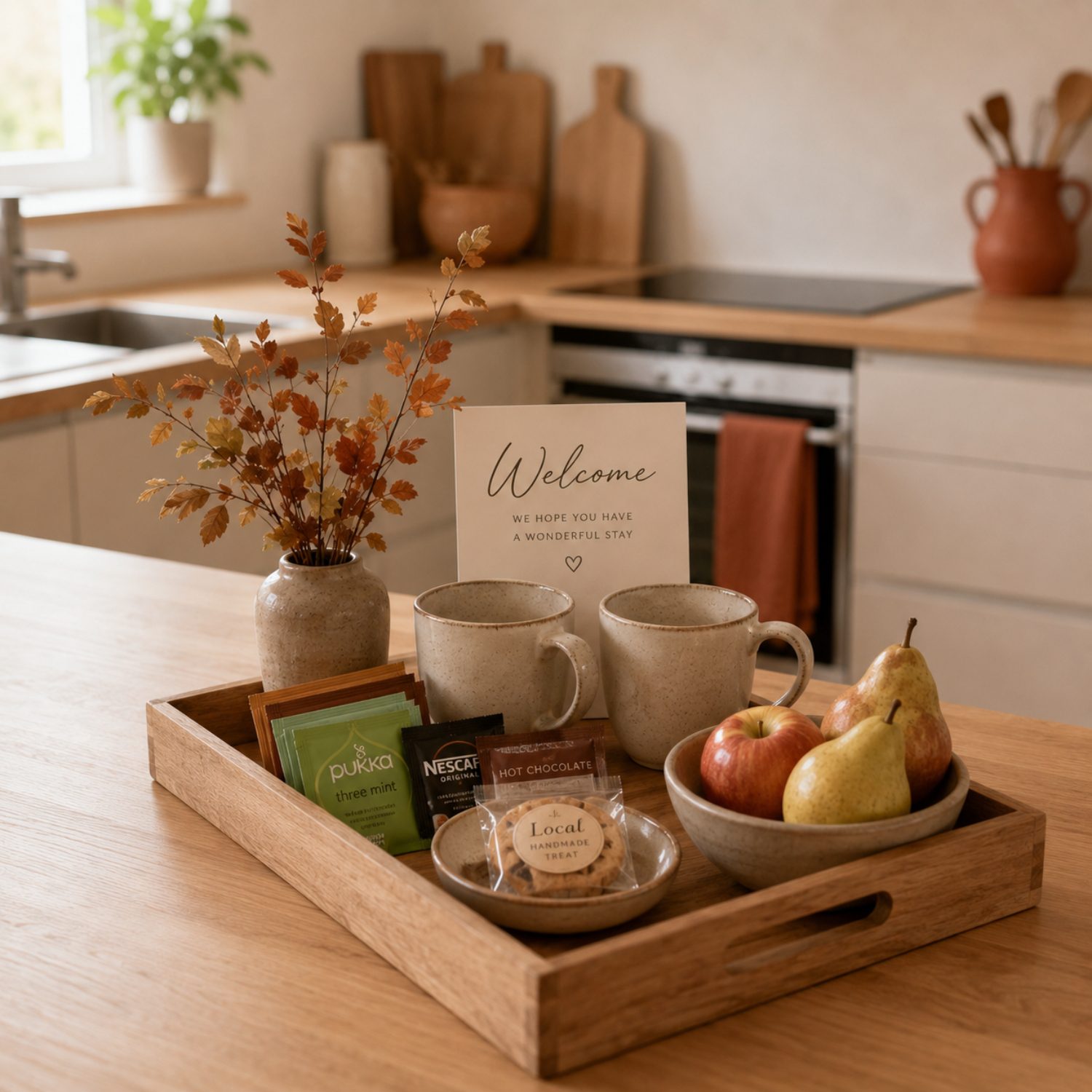 Airbnb autumn welcome with tea, coffee, hot chocolate and seasonal treats