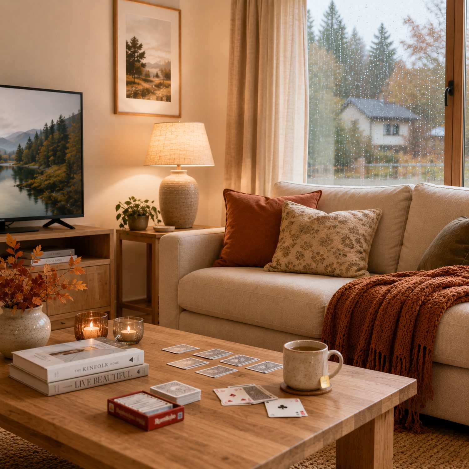 Cozy Airbnb living room with books and games for a rainy autumn afternoon