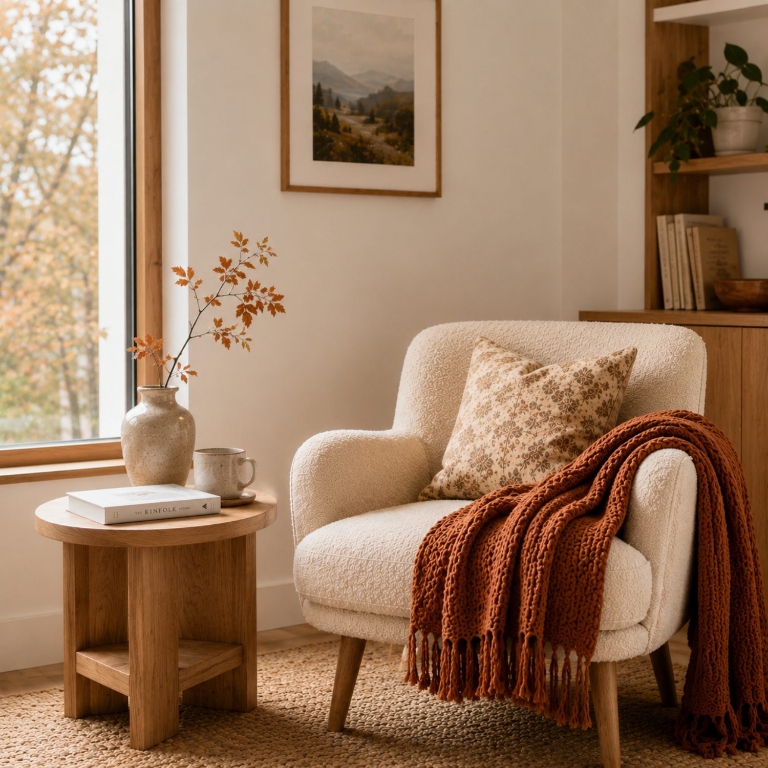 Cozy Airbnb reading corner with a soft throw and subtle autumn decor