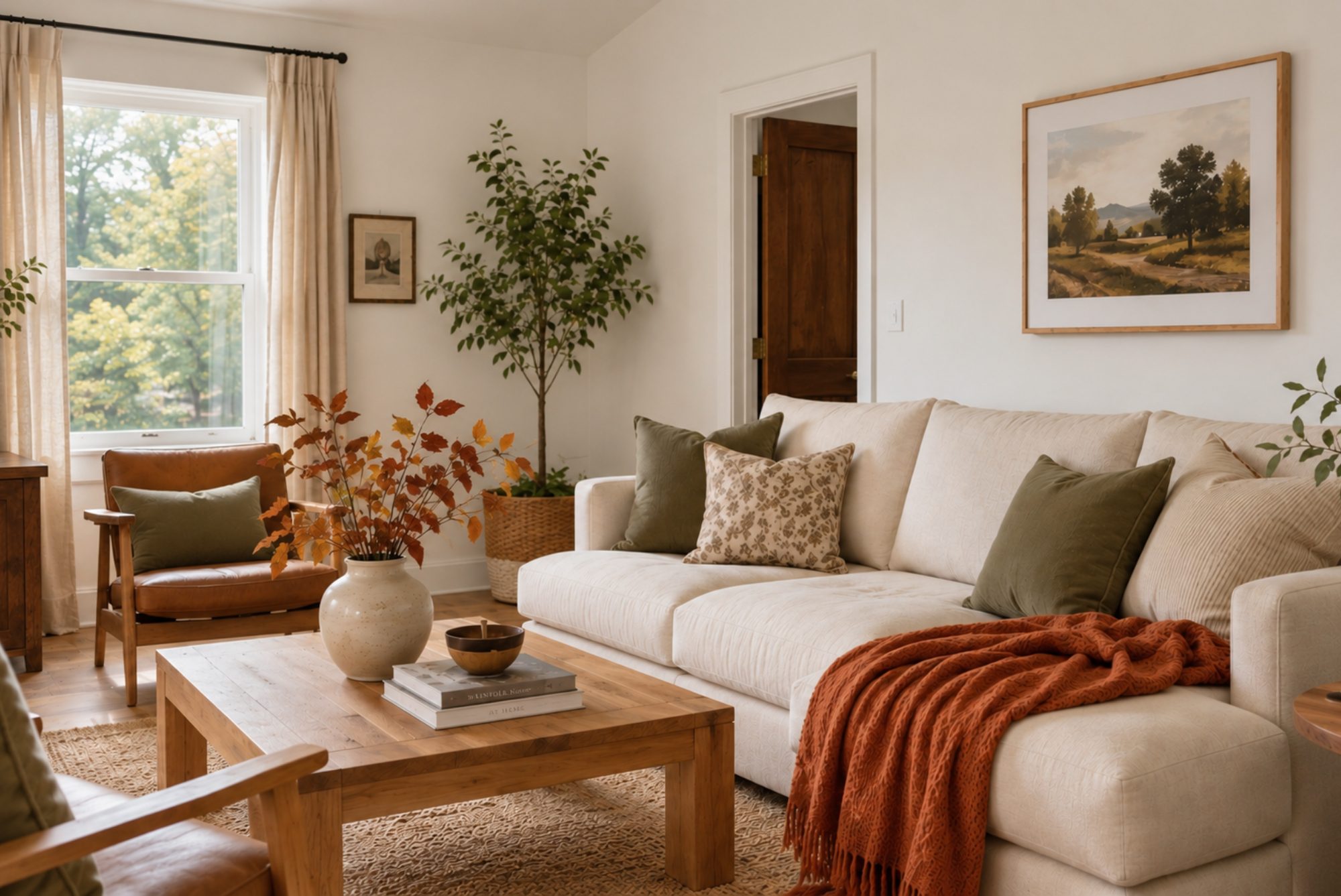Cozy Airbnb living room decorated with warm neutral colors and subtle autumn touches