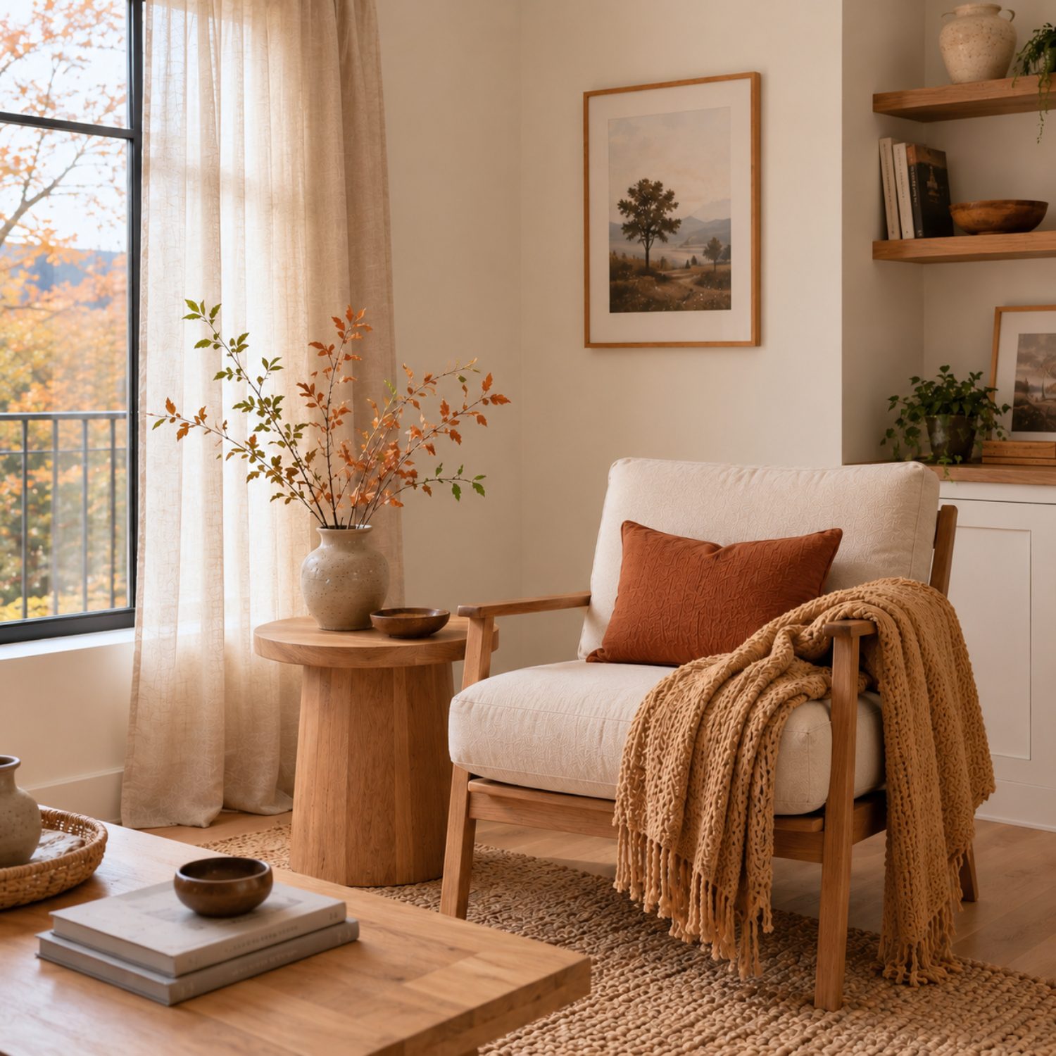Neutral Airbnb living room with terracotta and warm autumn color accents