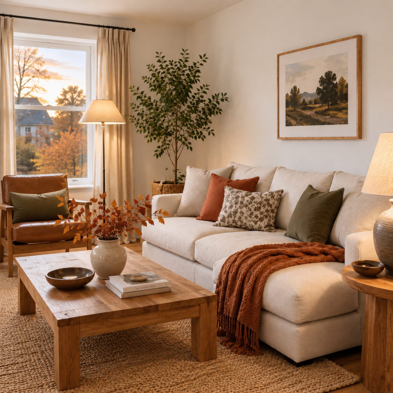 Cozy Airbnb living room with warm lighting for autumn evenings